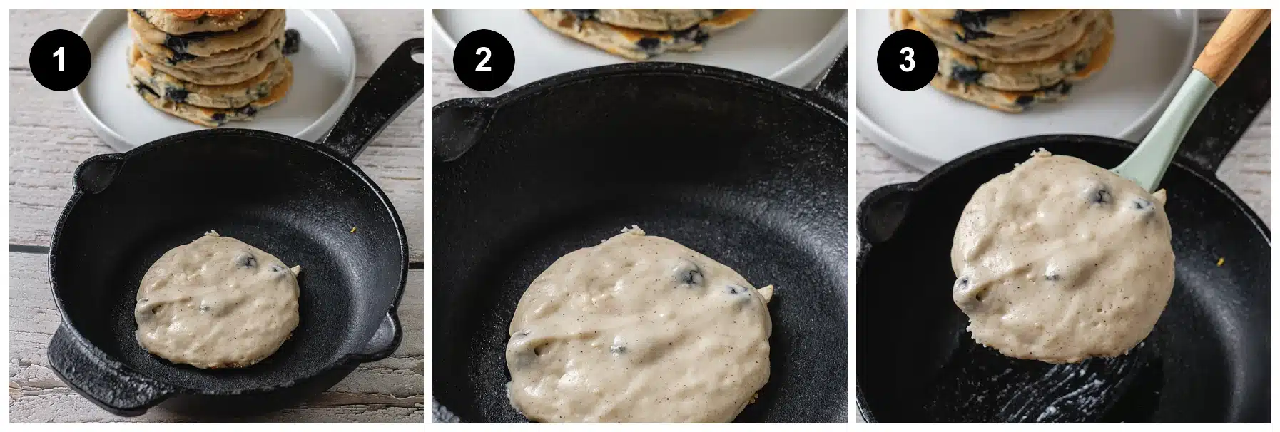 Three steps: batter poured into a hot skillet, spreading out, then lifted on a spatula