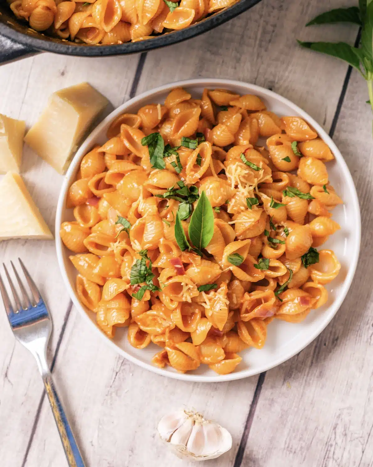 Gigi Hadid pasta made with shells on a white plate, topped with basil and Parmesan, seen from above