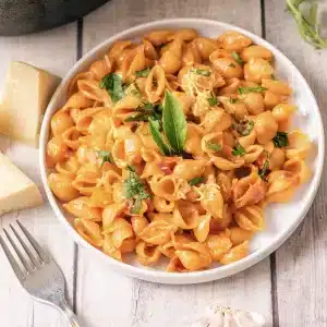 A single plate of Gigi Hadid pasta with shells, basil and Parmesan