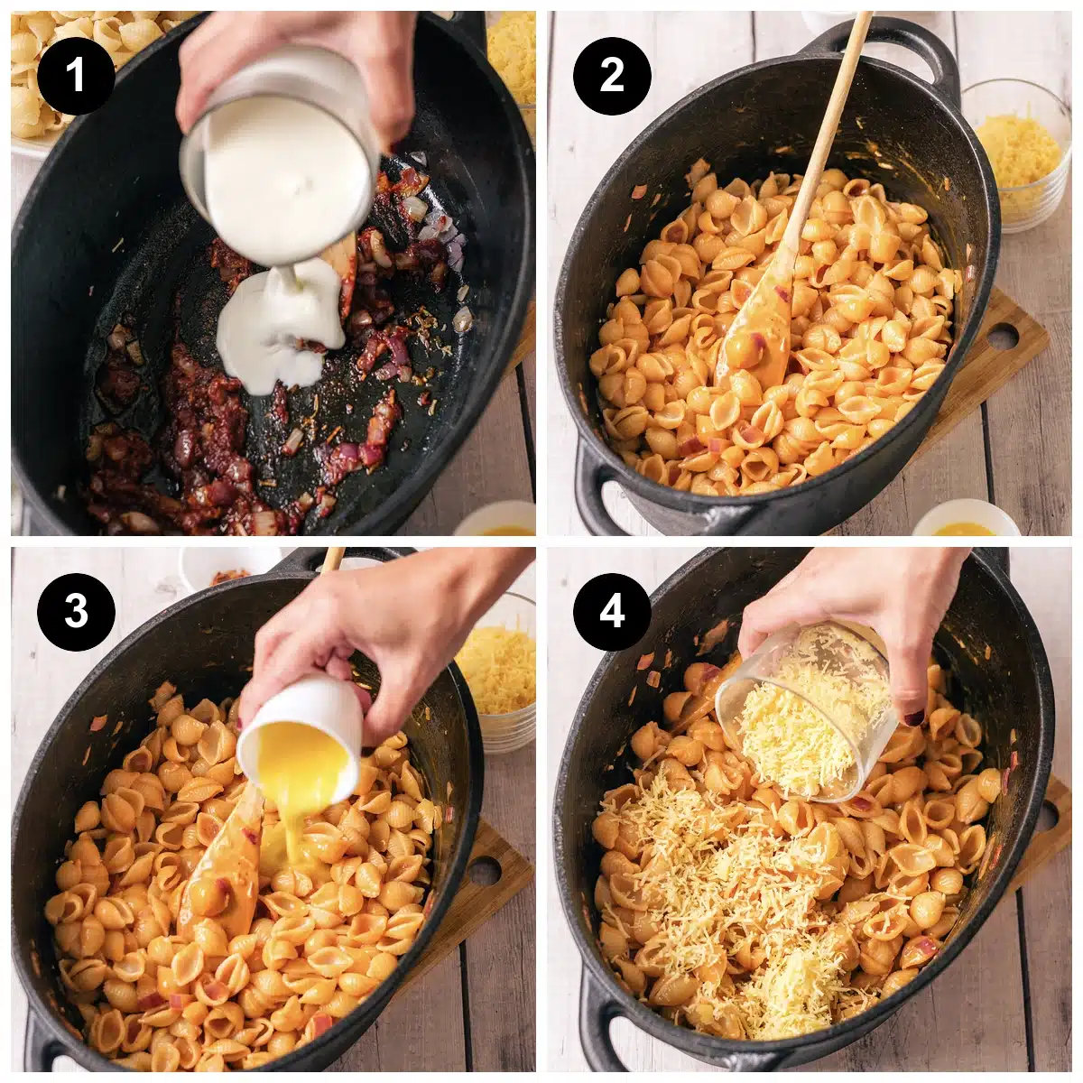 Four steps: cream poured over the darkened tomato paste and onion, shells stirred into the sauce, starchy cooking water added, then grated cheese tipped in