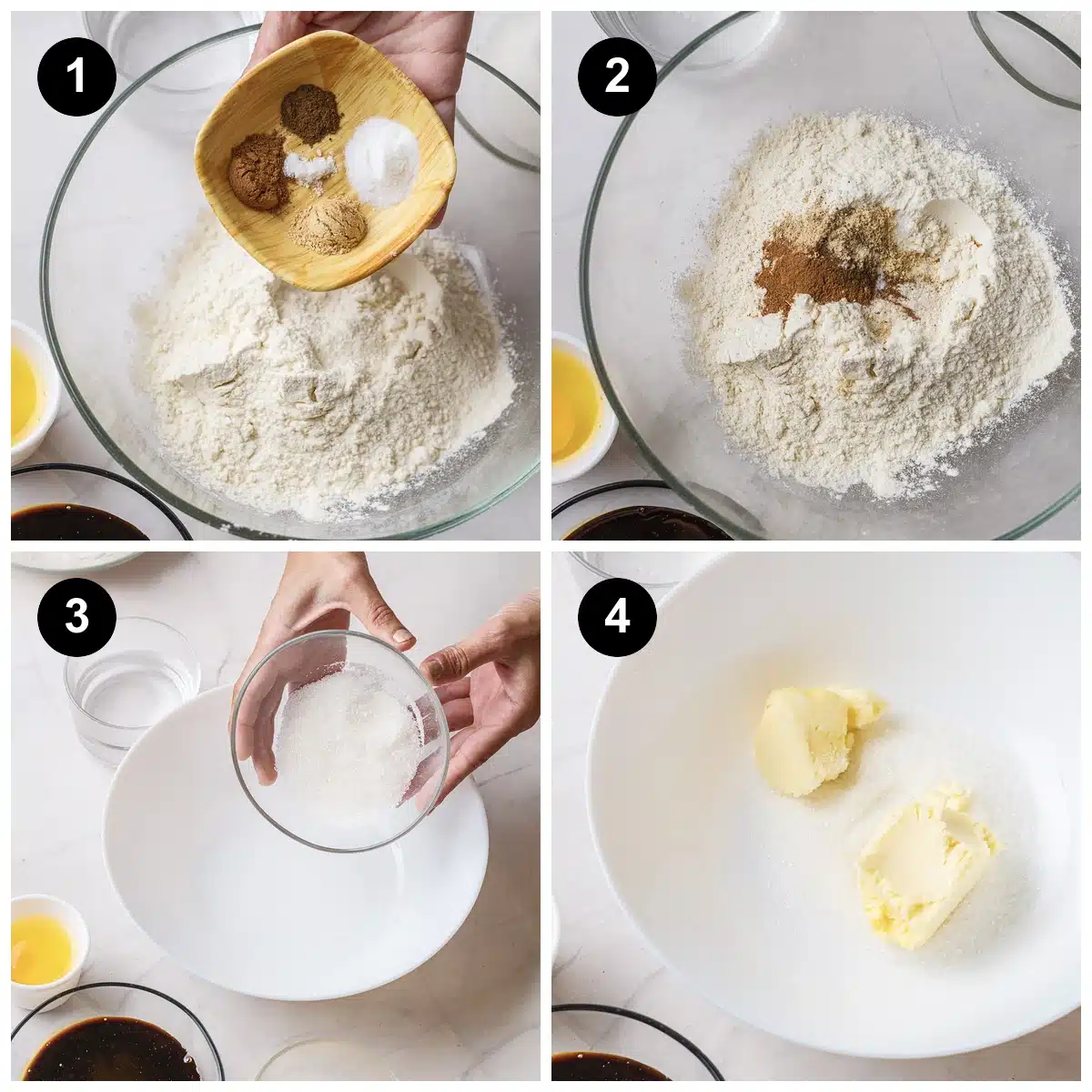 Four steps: ground spices and leaveners tipped onto flour, whisked in, sugar added to a mixing bowl, then softened butter added to the sugar