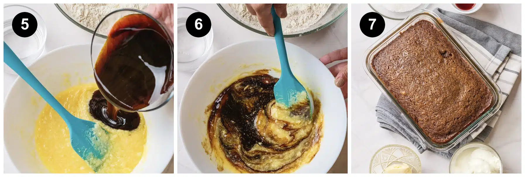 Three steps: molasses poured into the creamed butter mixture, the dark batter folded together with a spatula, then the baked slab in a glass dish beside a tub of whipped cream