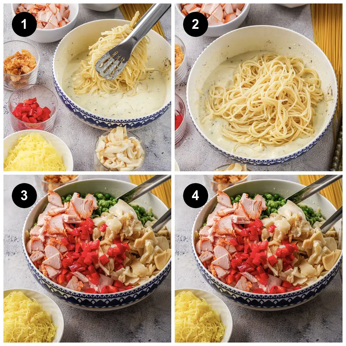 Four steps: pasta lifted into the cream sauce, then peas and diced meat folded through