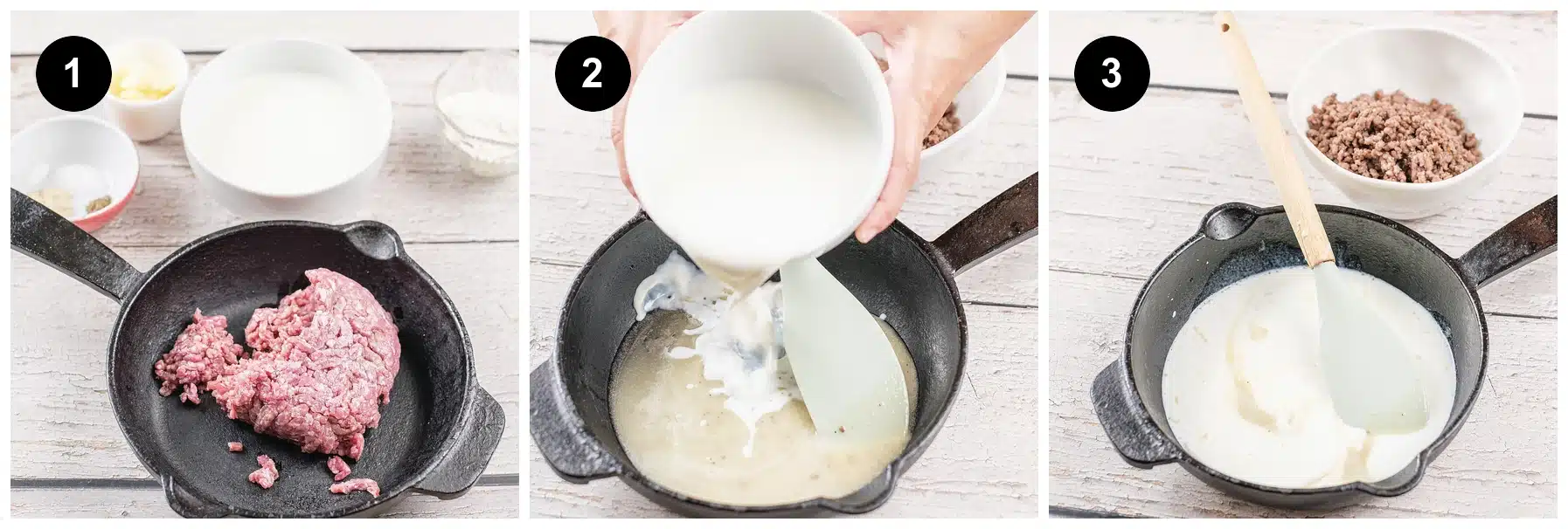 Three steps: the meat browning, milk poured into the roux, then the pan whisked smooth