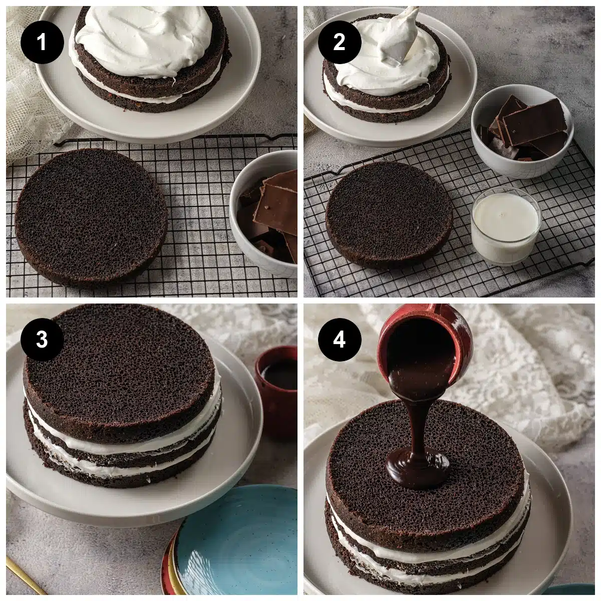 Four steps: cream spread on a layer, the layers stacked, then glossy ganache poured over