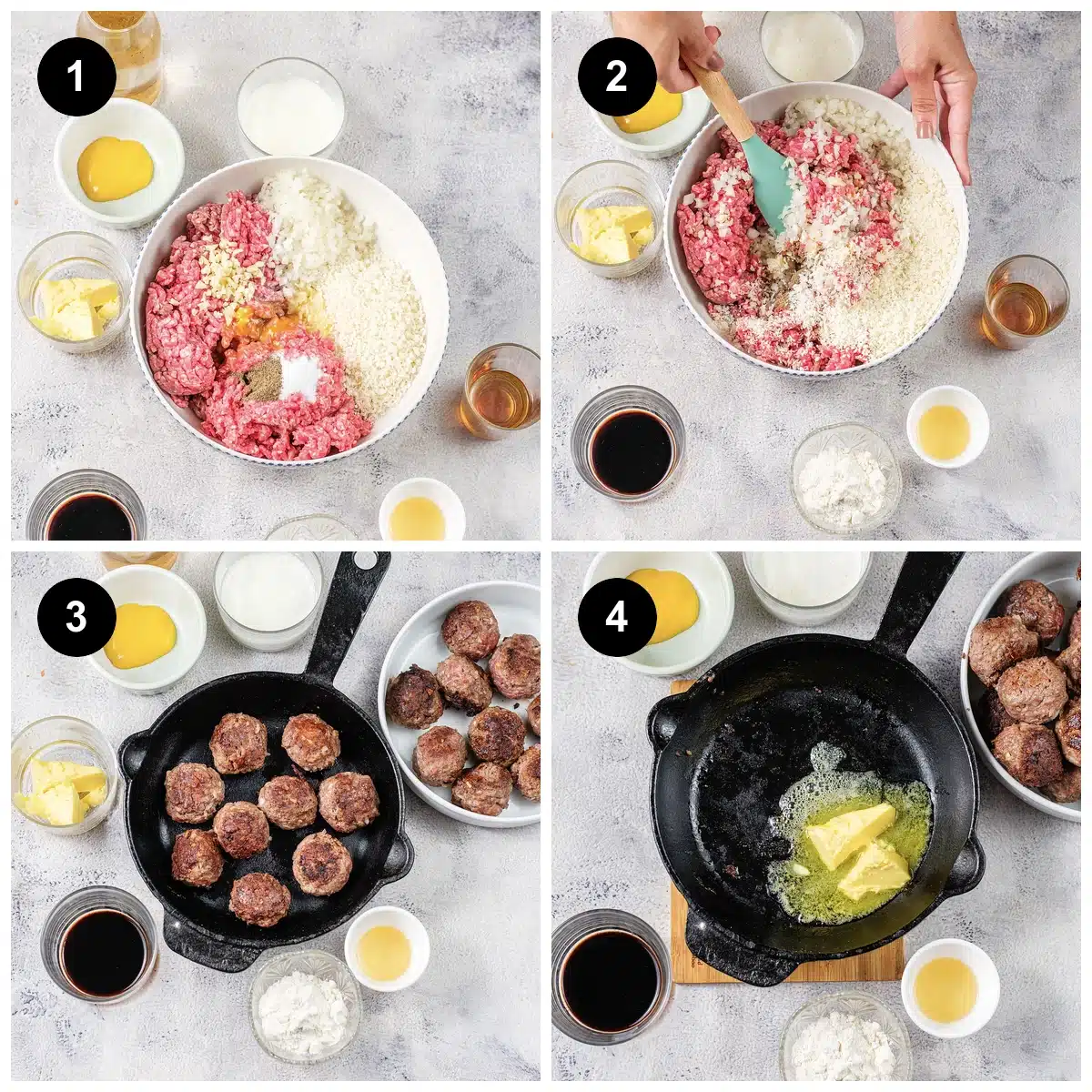 Four steps: the meat mixture in a bowl, folded together, browning in a skillet, then butter melting for the roux