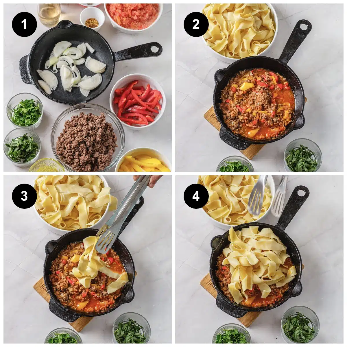Four steps: onion in the skillet, the sauce simmering, pasta added with tongs, then tossed