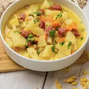 A single bowl of kielbasa potato soup with large potato chunks and sausage pieces