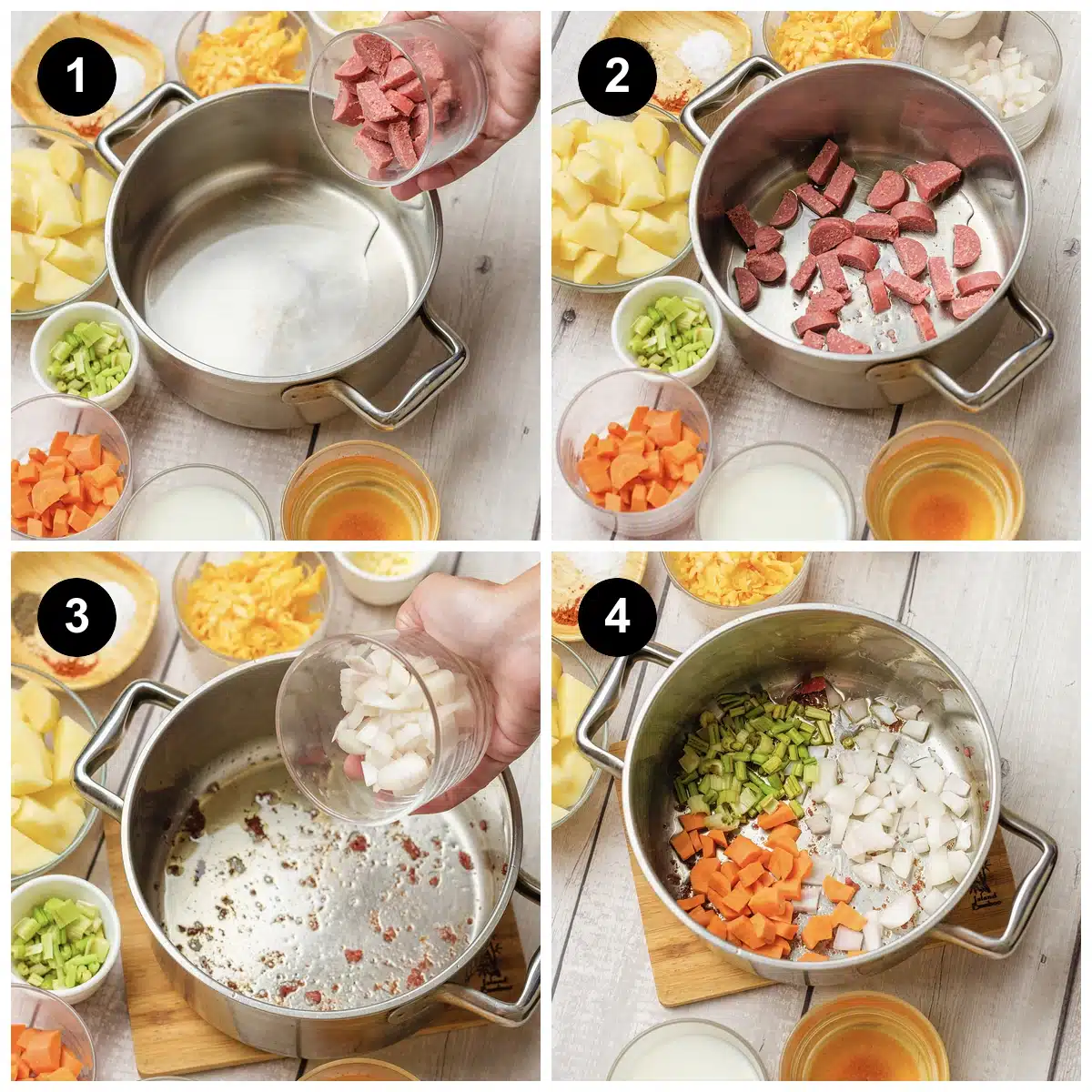 Four steps: diced sausage tipped into a pot, the sausage browning, onion added, and onion, carrot and celery softening together