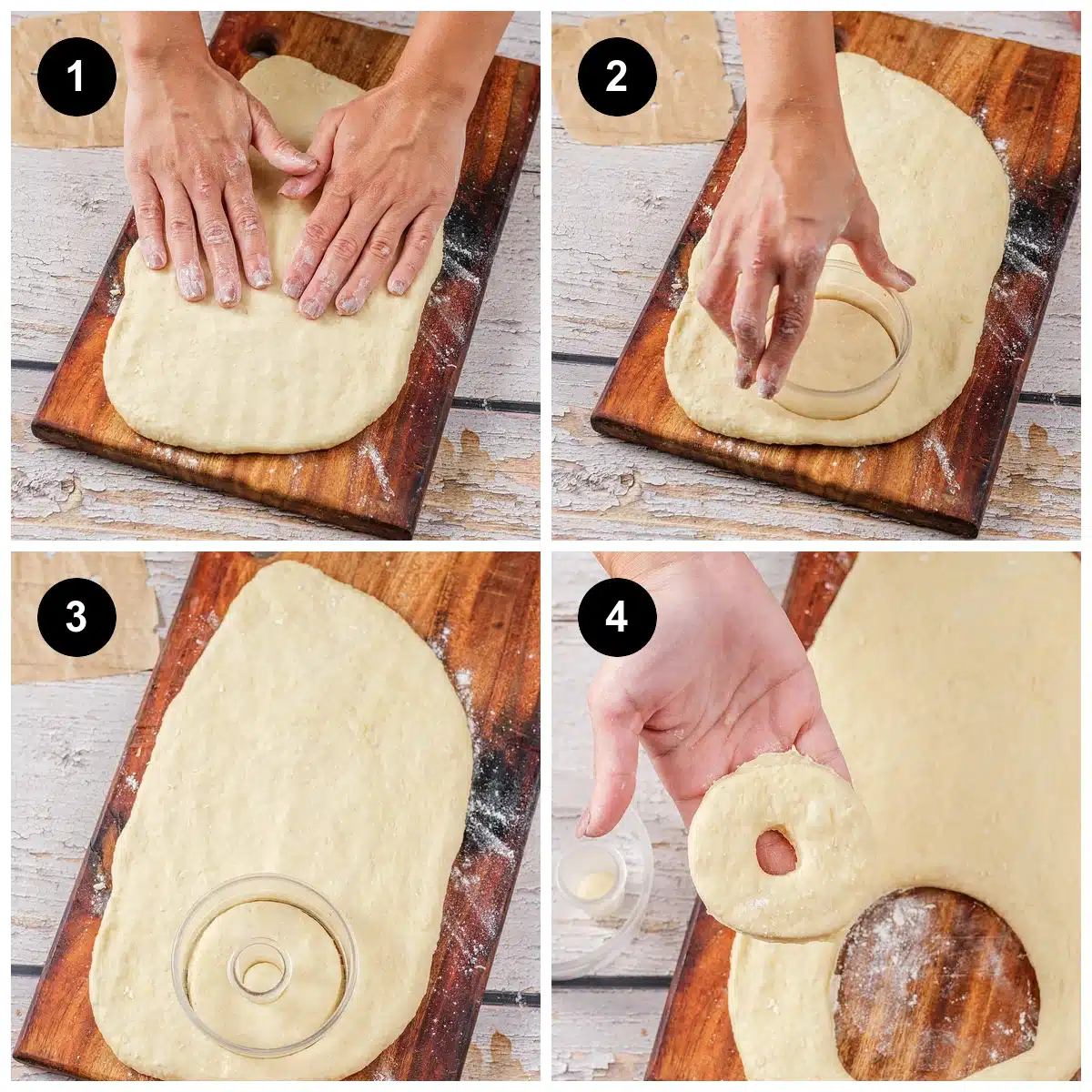 Four steps: patting the dough out, pressing a cutter in, the cutter set on the sheet, then lifting a ring free