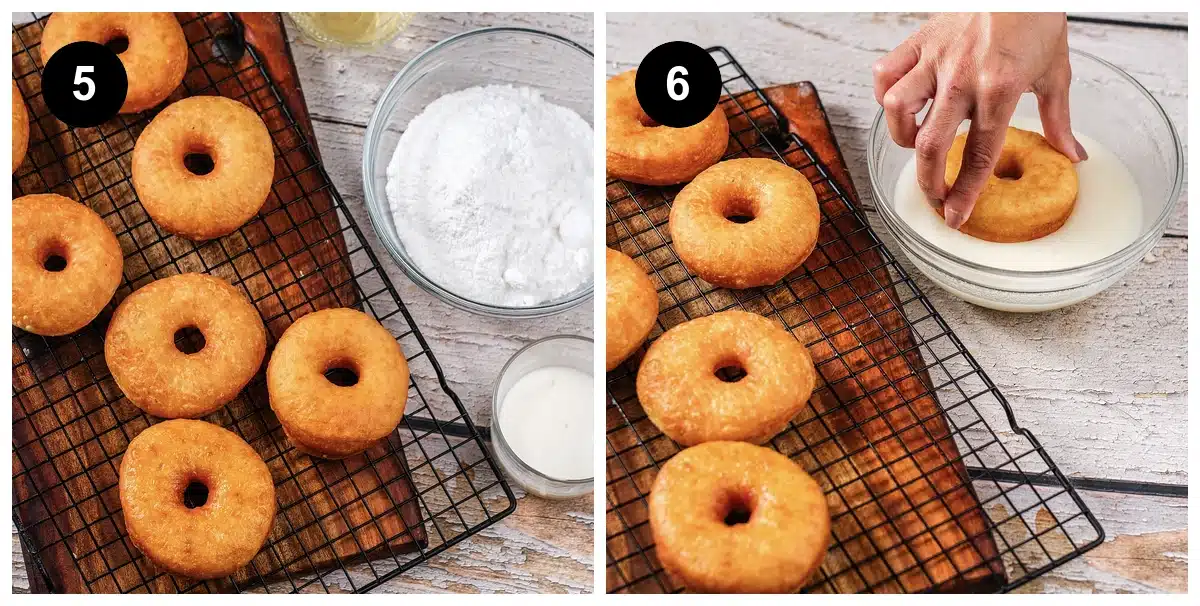 Copycat Krispy Kreme donuts draining on a rack beside the glaze bowls, then one being dipped