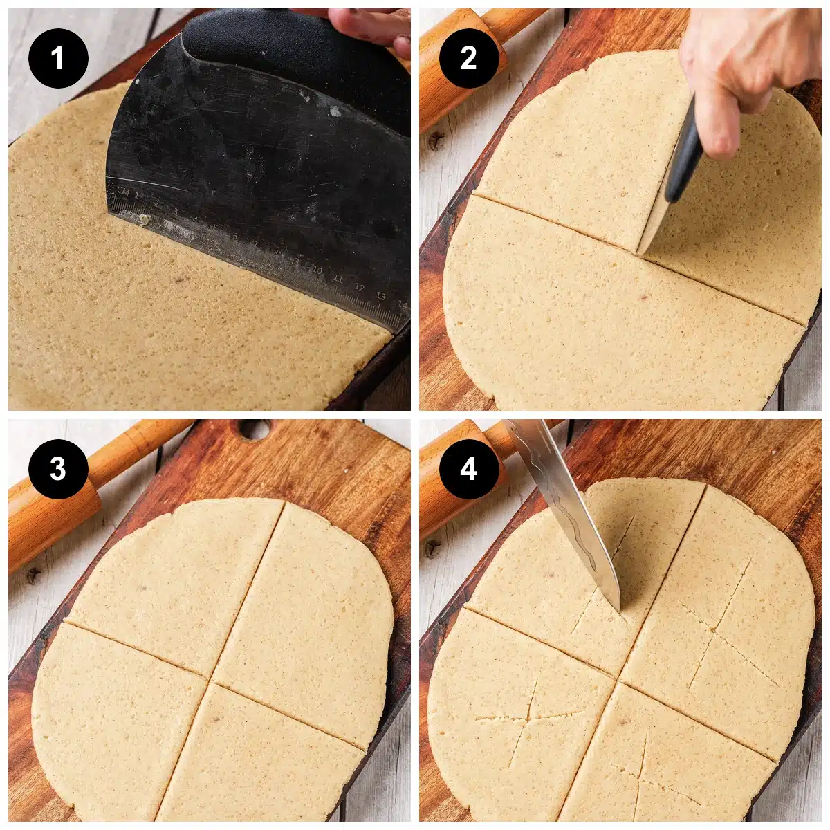 Four steps: the rolled round lifted with a scraper, cut in half, quartered, then an X scored on each piece