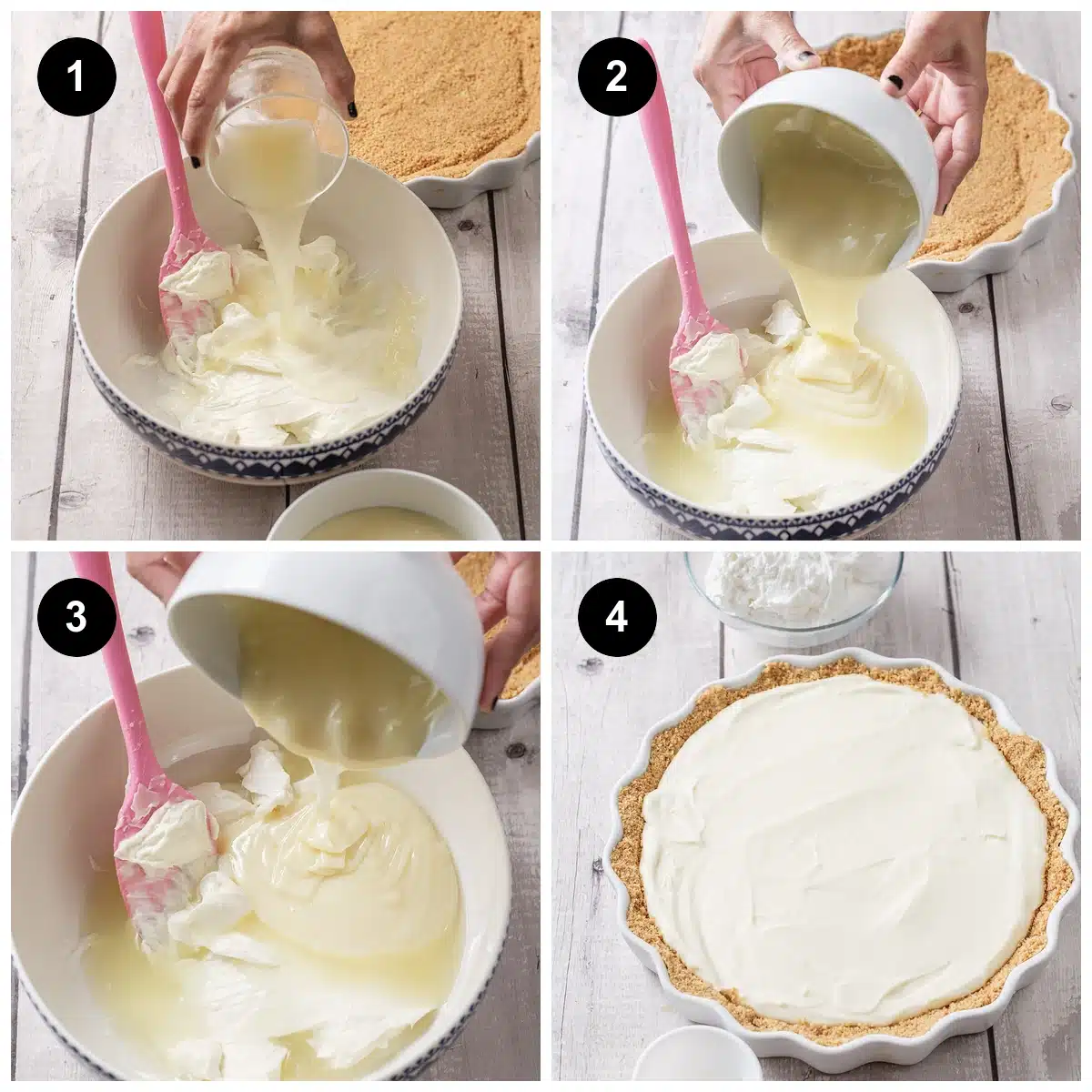 Four steps: juice poured into the beaten cheese, milk added, stirred, then filled