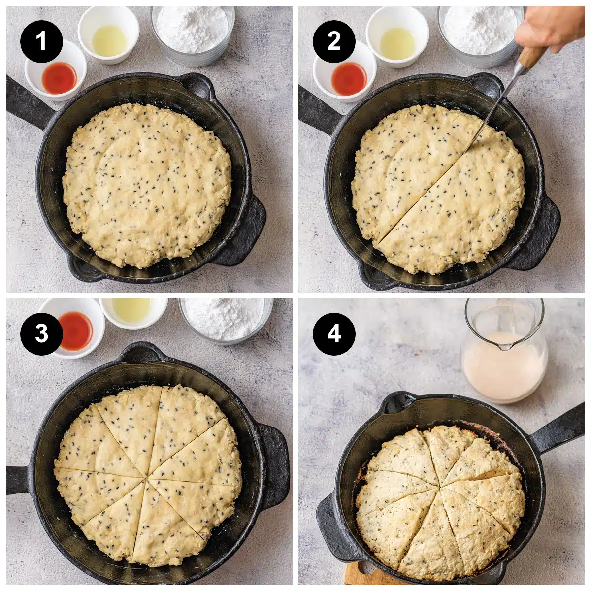 Four steps: dough pressed into a skillet, scored with a knife, marked into eight wedges, then baked golden