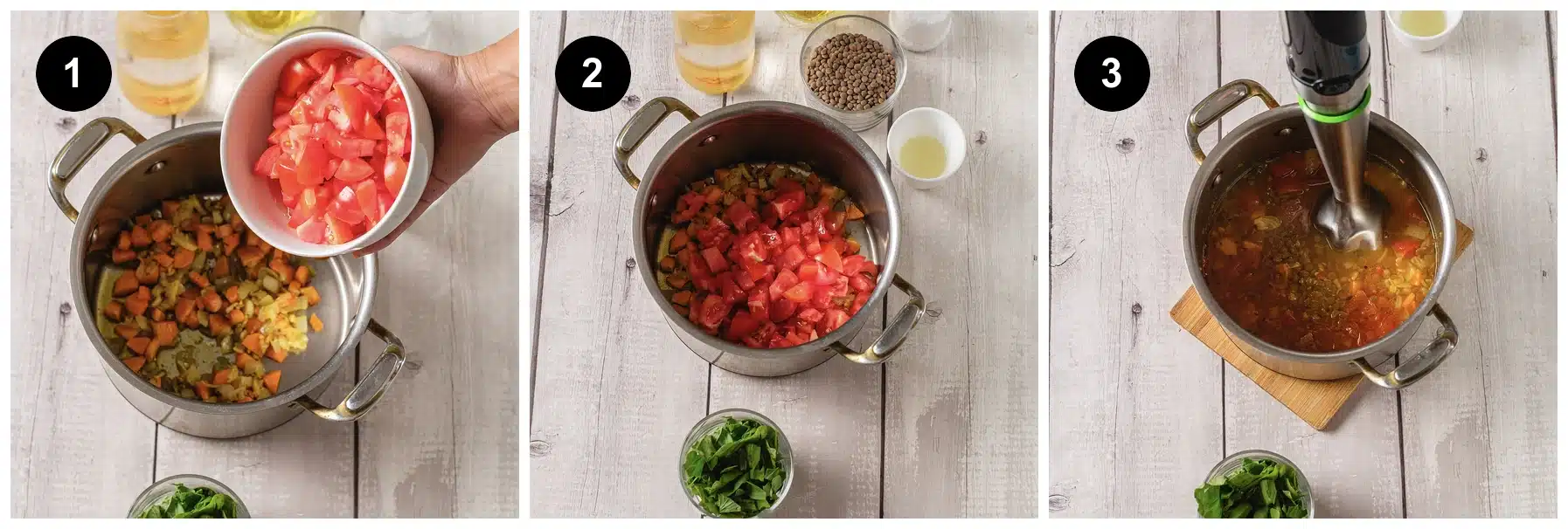Three steps: tomatoes going into the pot, the pot filled, then an immersion blender