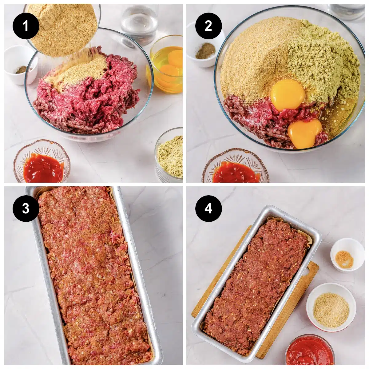 Four steps: crumbs added to the beef, eggs and seasoning poured in, the raw loaf pressed into a tin, then baked