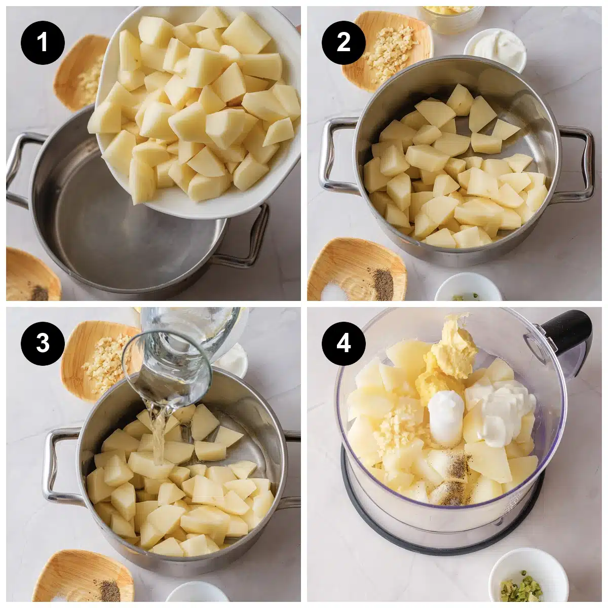 Four steps for mashed rutabaga: cubes tipped into a pot, the cubes in the pot, water poured over them, and the cooked cubes in a food processor with butter, garlic and sour cream