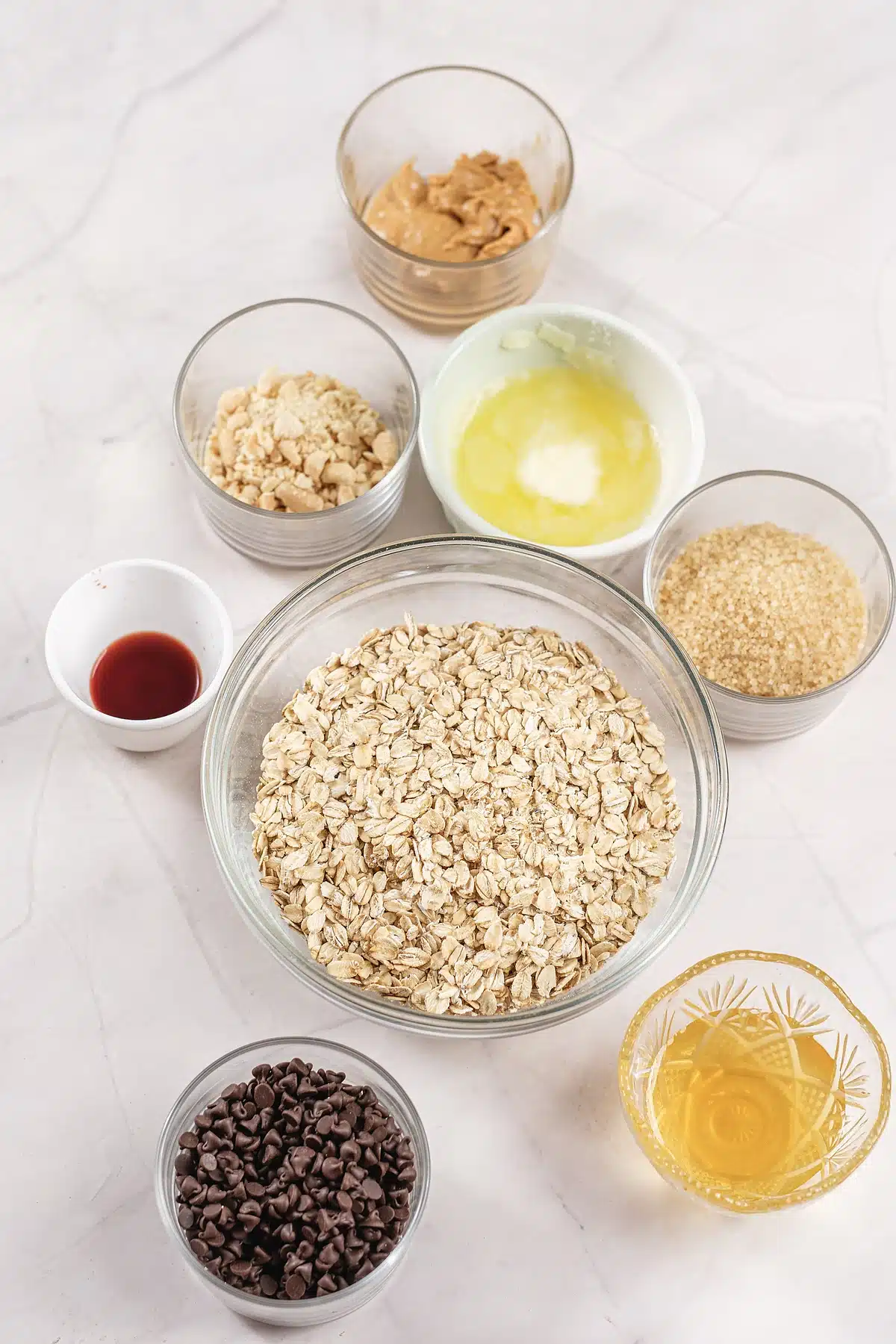 Oh Henry bars ingredients with oats, brown sugar, corn syrup, peanut butter and chips