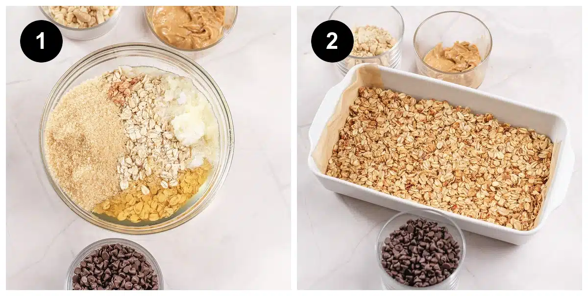 Two steps: the oat mixture stirred in a bowl, then pressed into a lined pan