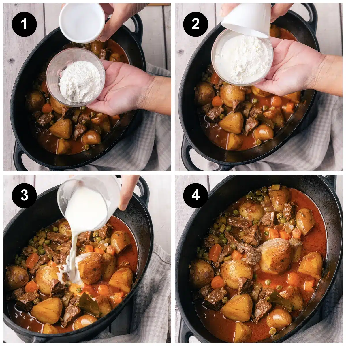 Four steps: a small bowl of cornstarch held over the pot, the cornstarch tipped out, the slurry poured into the simmering pot, then the thickened gravy around the potatoes and carrots