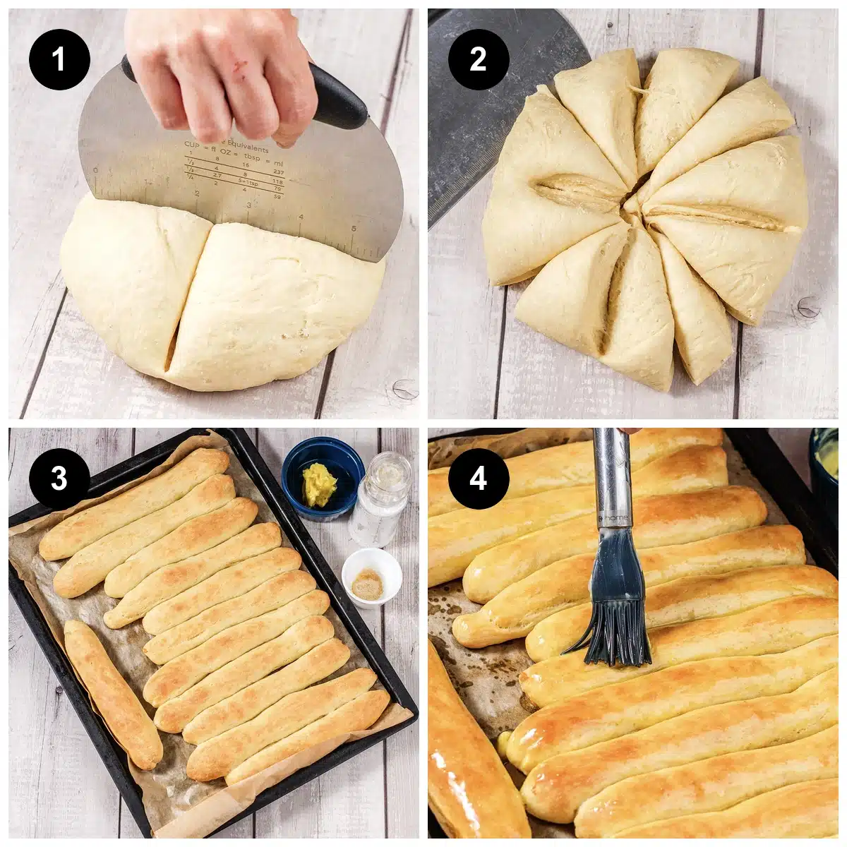 Four steps to make Olive Garden breadsticks: cut, shape, bake, then brush