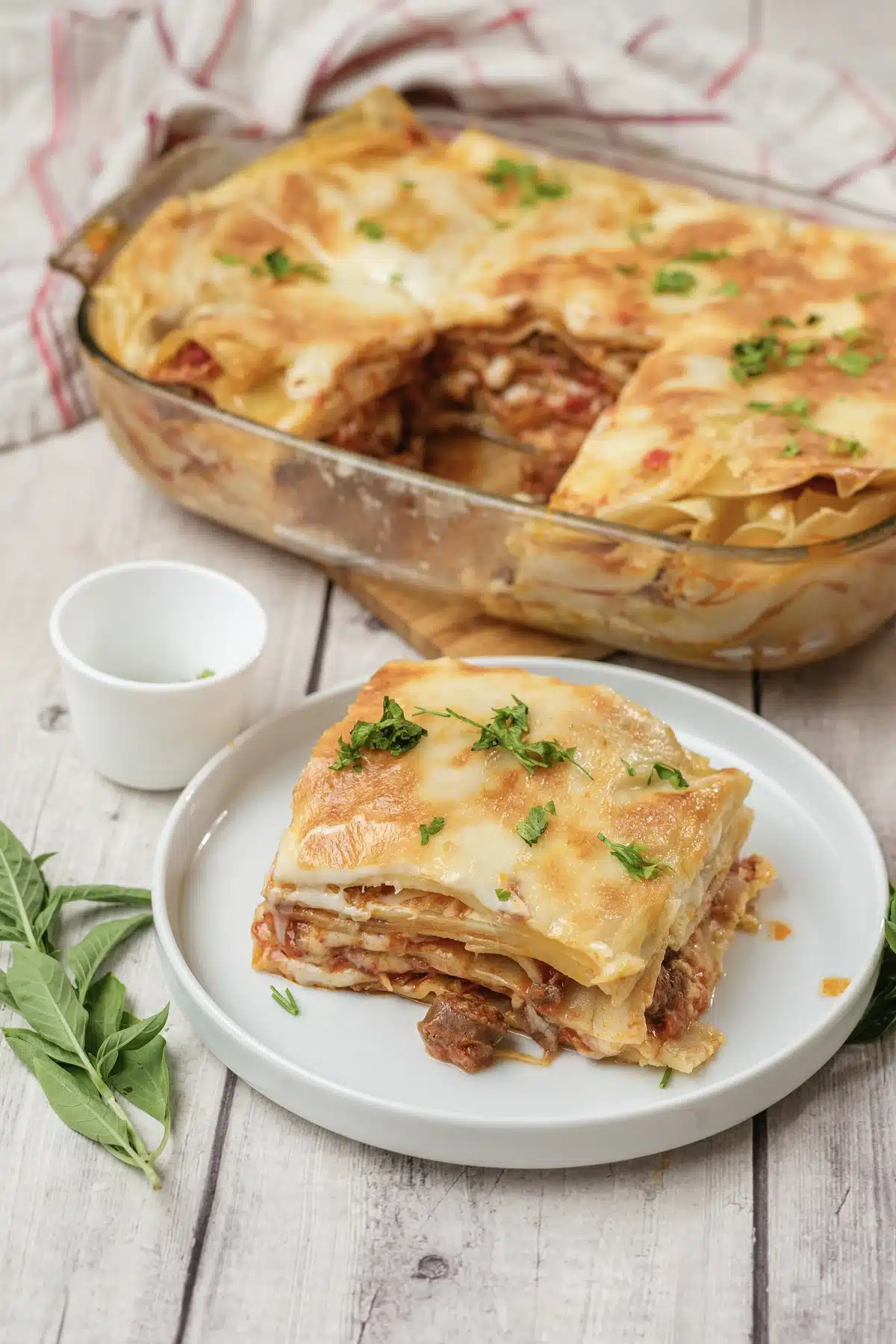A plated slice showing sheets of pasta, red sauce and white cheese in layers, with the dish behind