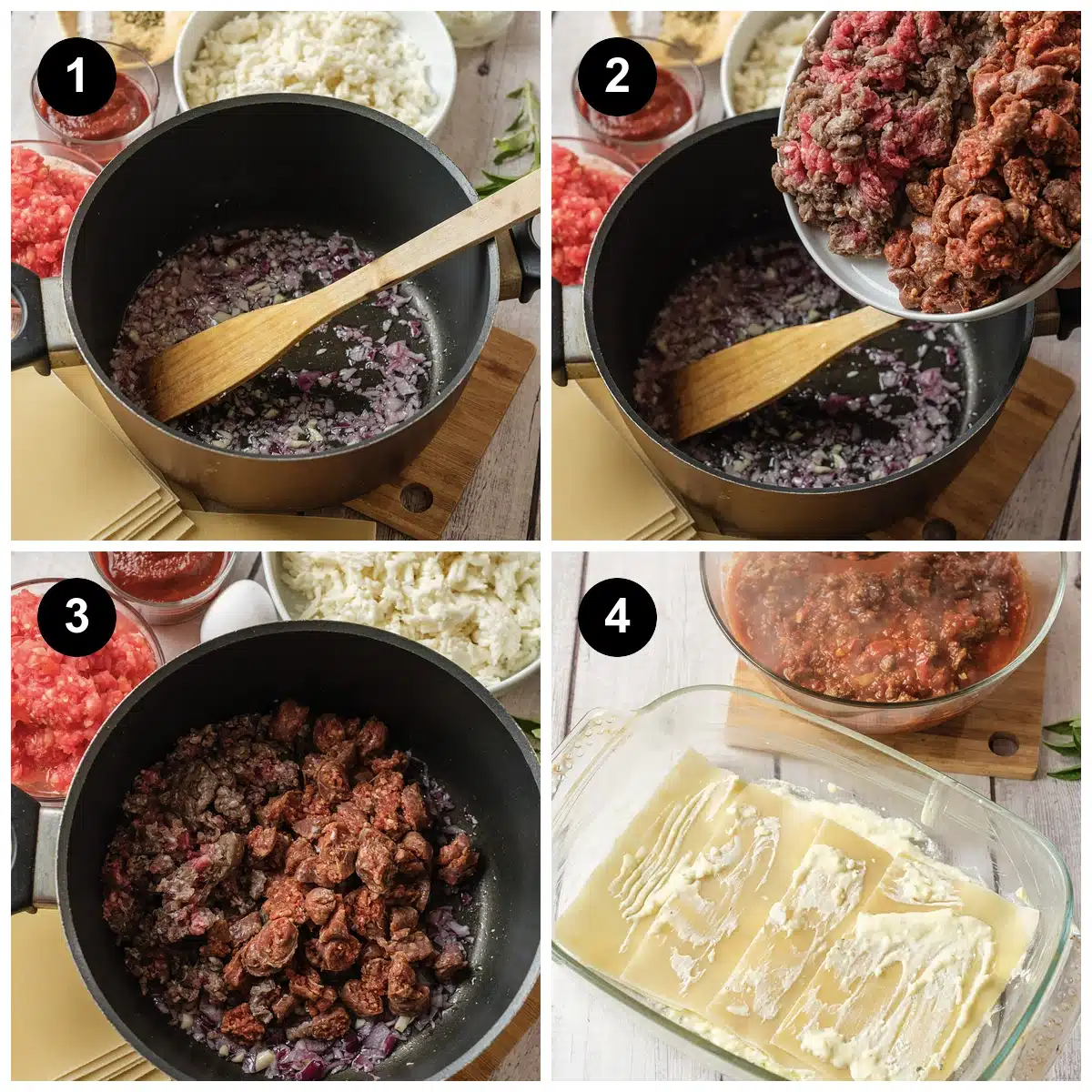 Four steps: red onion softening in a pot, the meats added, the sauce simmering, and ricotta spread over the first noodle layer