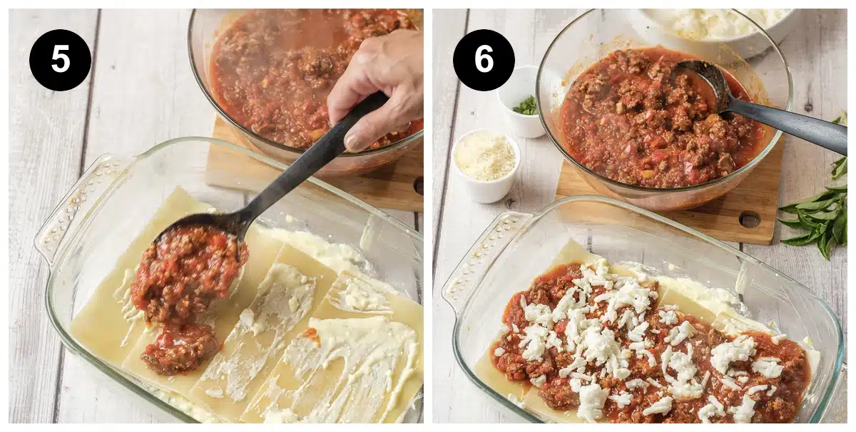 Meat sauce spooned over ricotta-coated noodles in the dish, then topped with shredded mozzarella