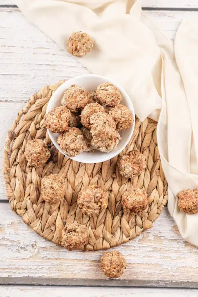 Pancake sausage balls seen from directly above in a white bowl
