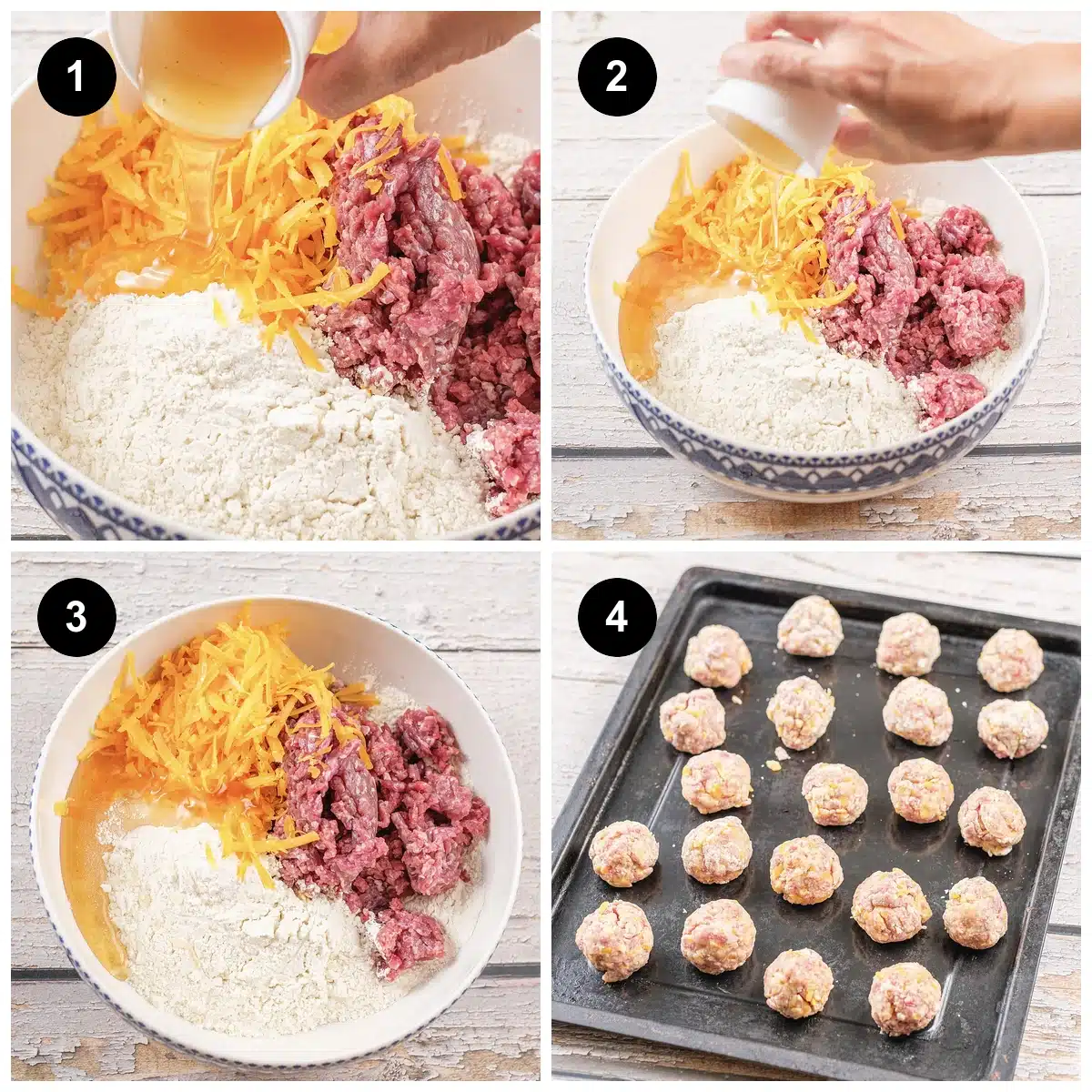Four steps: milk poured in, the mixture combined, then shaped and set on a tray