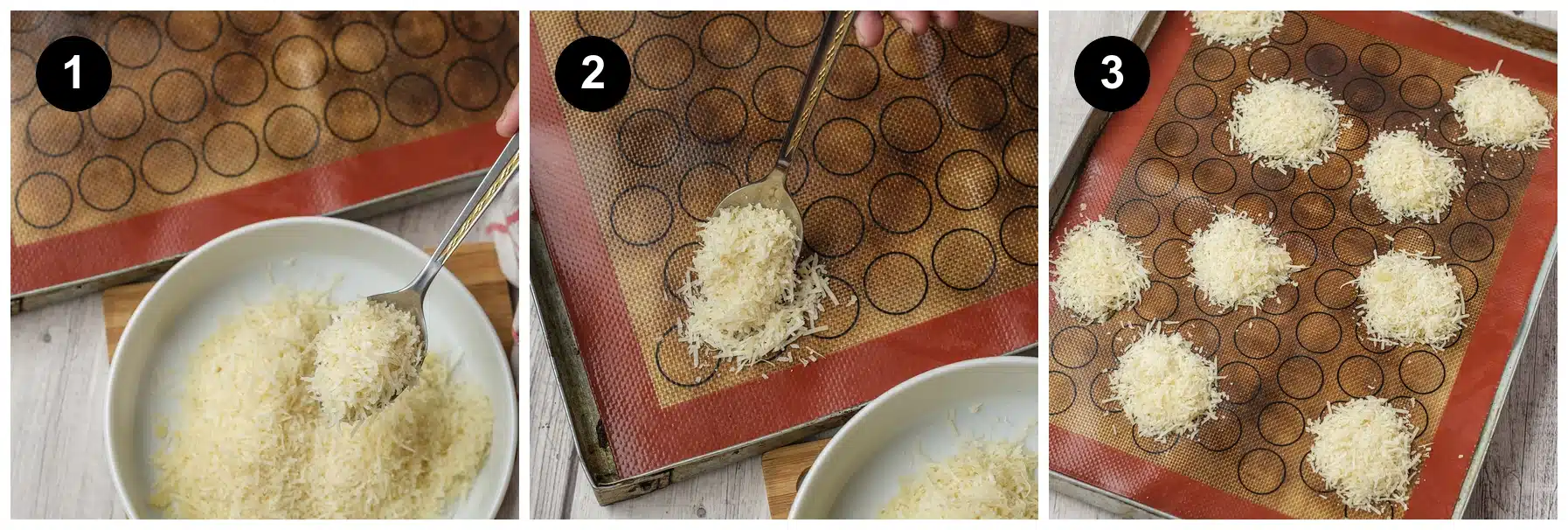 Three steps: a spoon scooping shredded cheese from a bowl, a mound dropped onto a silicone mat, and twelve mounds spaced across the lined baking sheet
