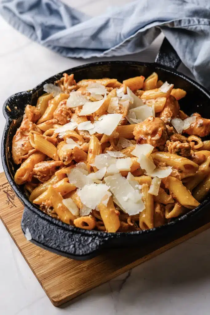 Pasta Da Vinci seen from directly above, filling a cast iron skillet