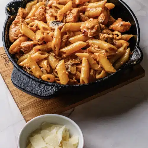 The penne tossed through the sauce with a bowl of shaved cheese alongside