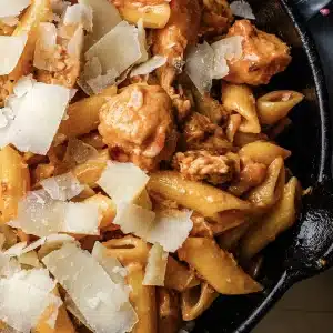 A single serving of penne and chicken under shaved cheese