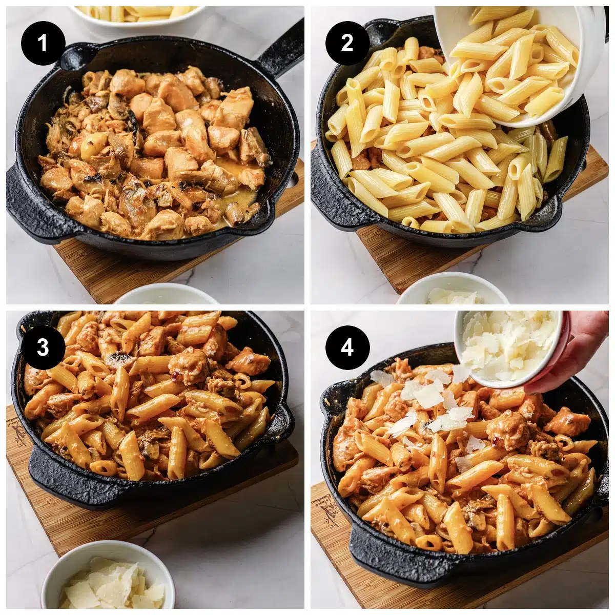 Four steps: chicken and mushrooms in the skillet, penne tipped in, tossed through the sauce, then cheese shaved over