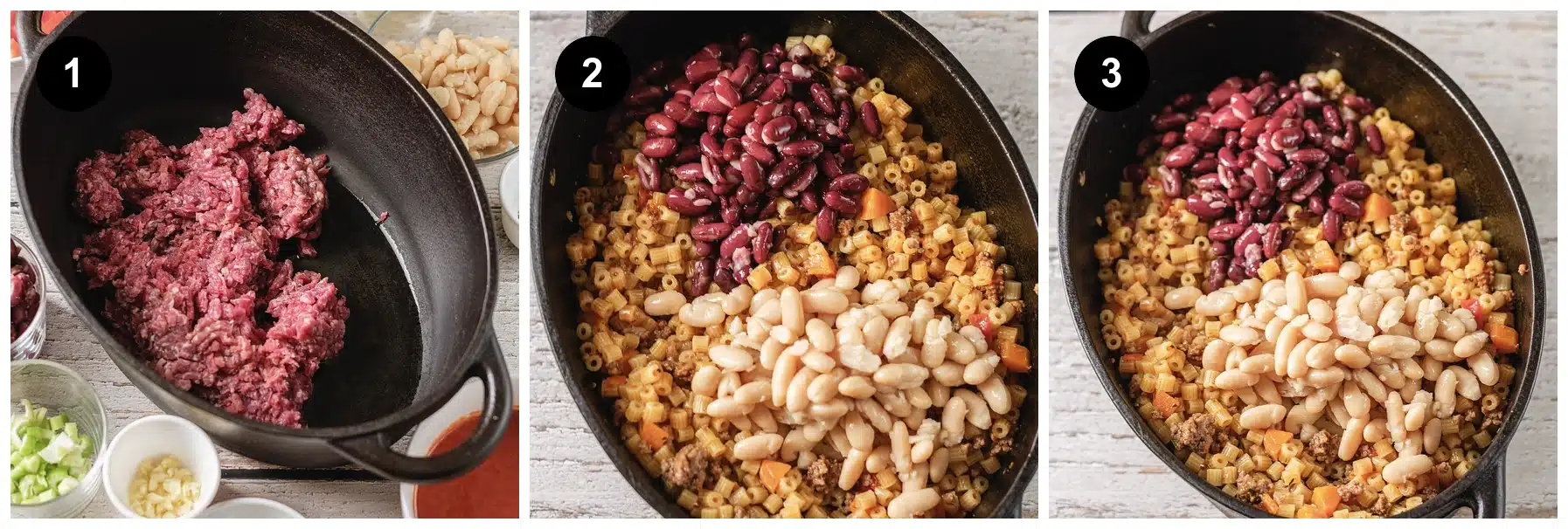 Three steps: beef browning in a Dutch oven, then two cans of beans stirred into the pot