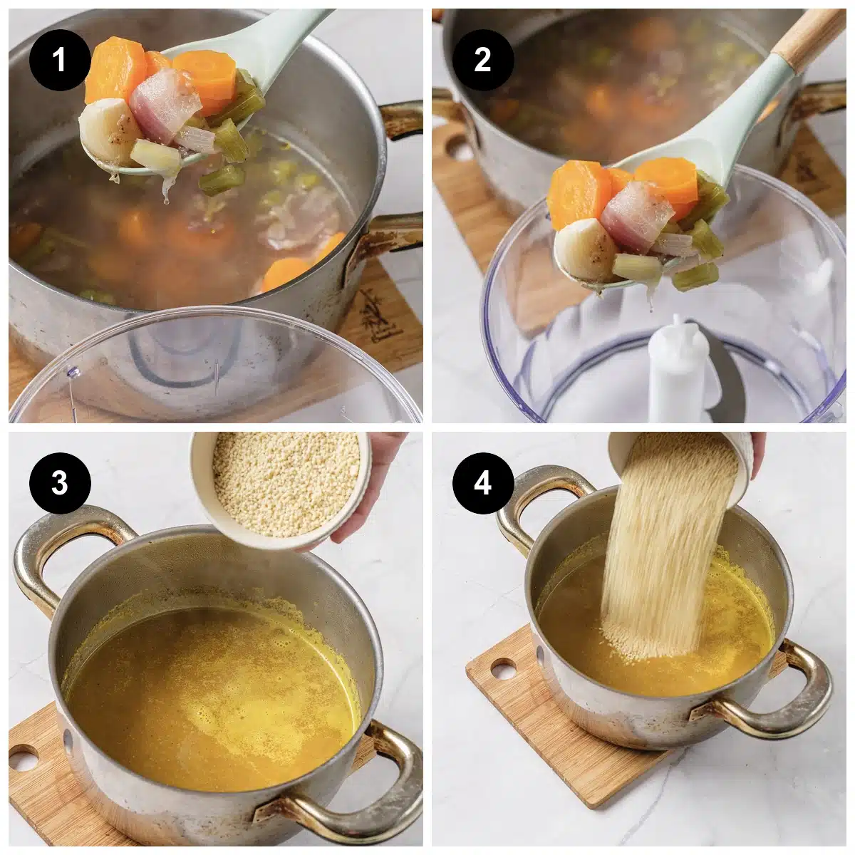Four steps: vegetables lifted from the broth, blended, then the pasta going in