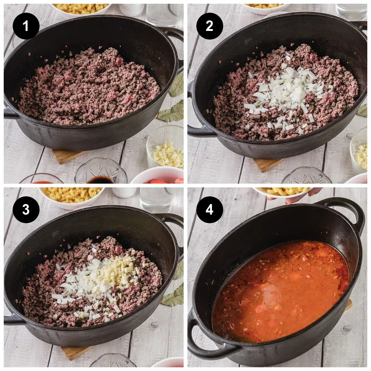Four steps: beef browning, onion added, garlic stirred in, then the tomato base