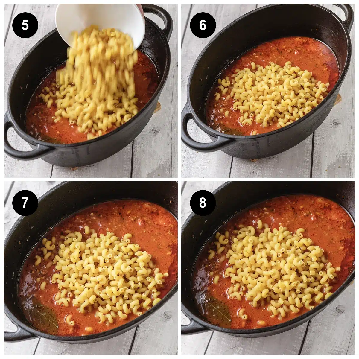 Four steps: dry macaroni poured into the sauce, then stirred level and simmered