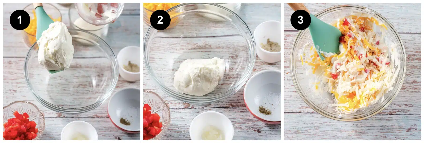 Three steps: cream cheese into the bowl, beaten smooth, then everything folded together