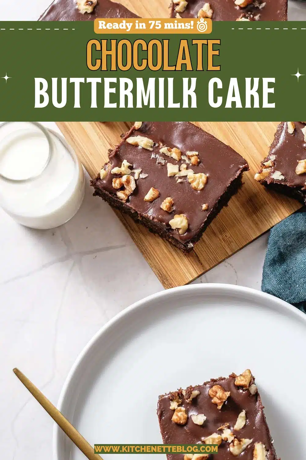 Frosted cocoa squares topped with chopped walnuts beside a bottle of milk