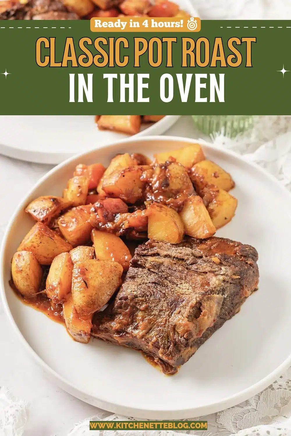 Plate of sliced braised beef with glazed potatoes and carrots