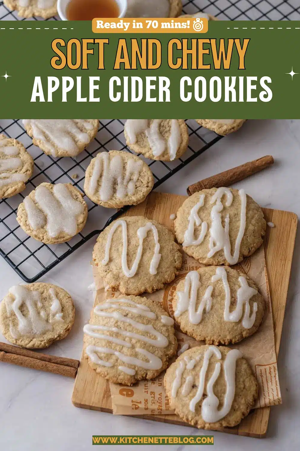 Round glazed treats on a wire rack and a wooden board with a cinnamon stick