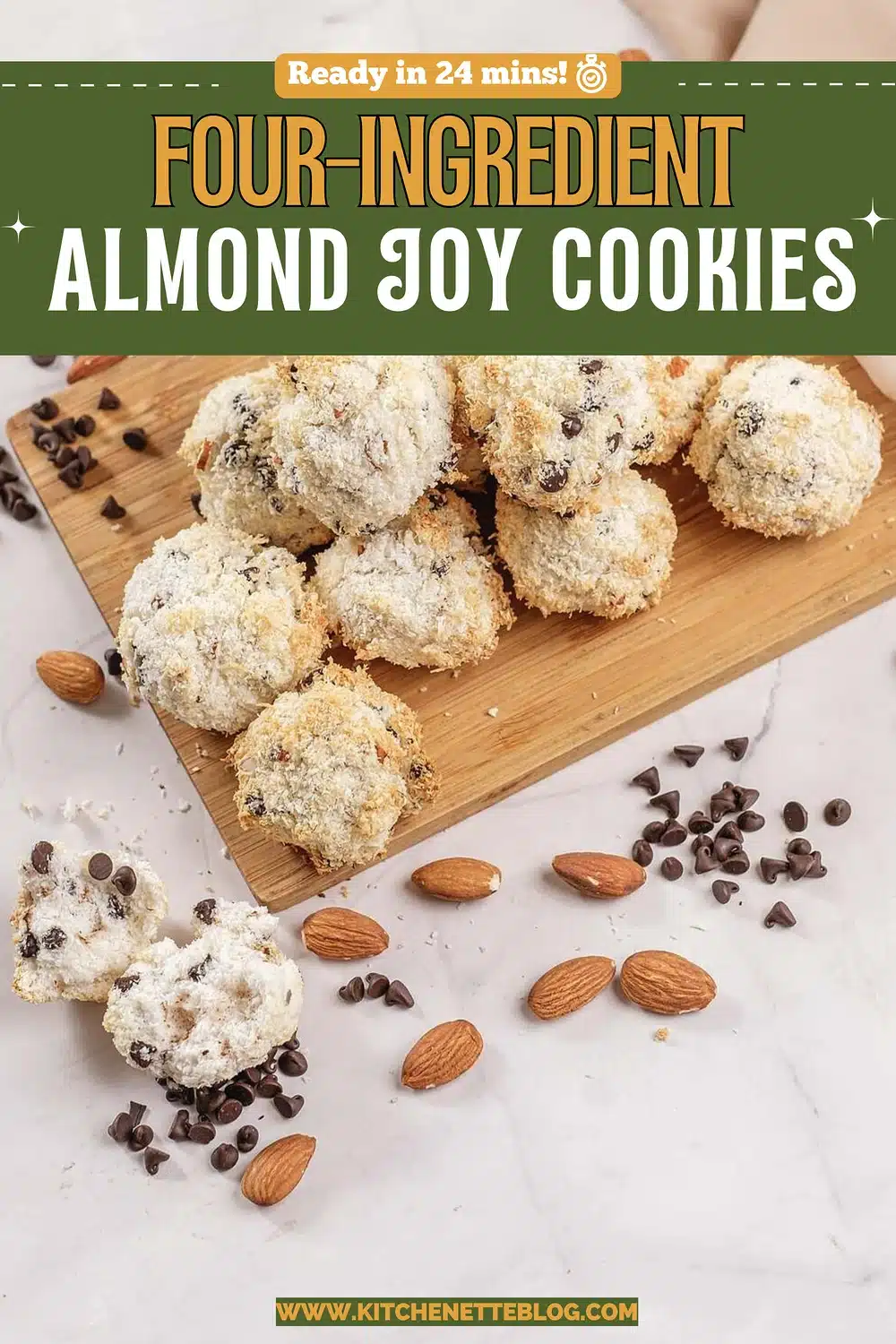 Coconut mounds on a bamboo board with dark chocolate morsels scattered around