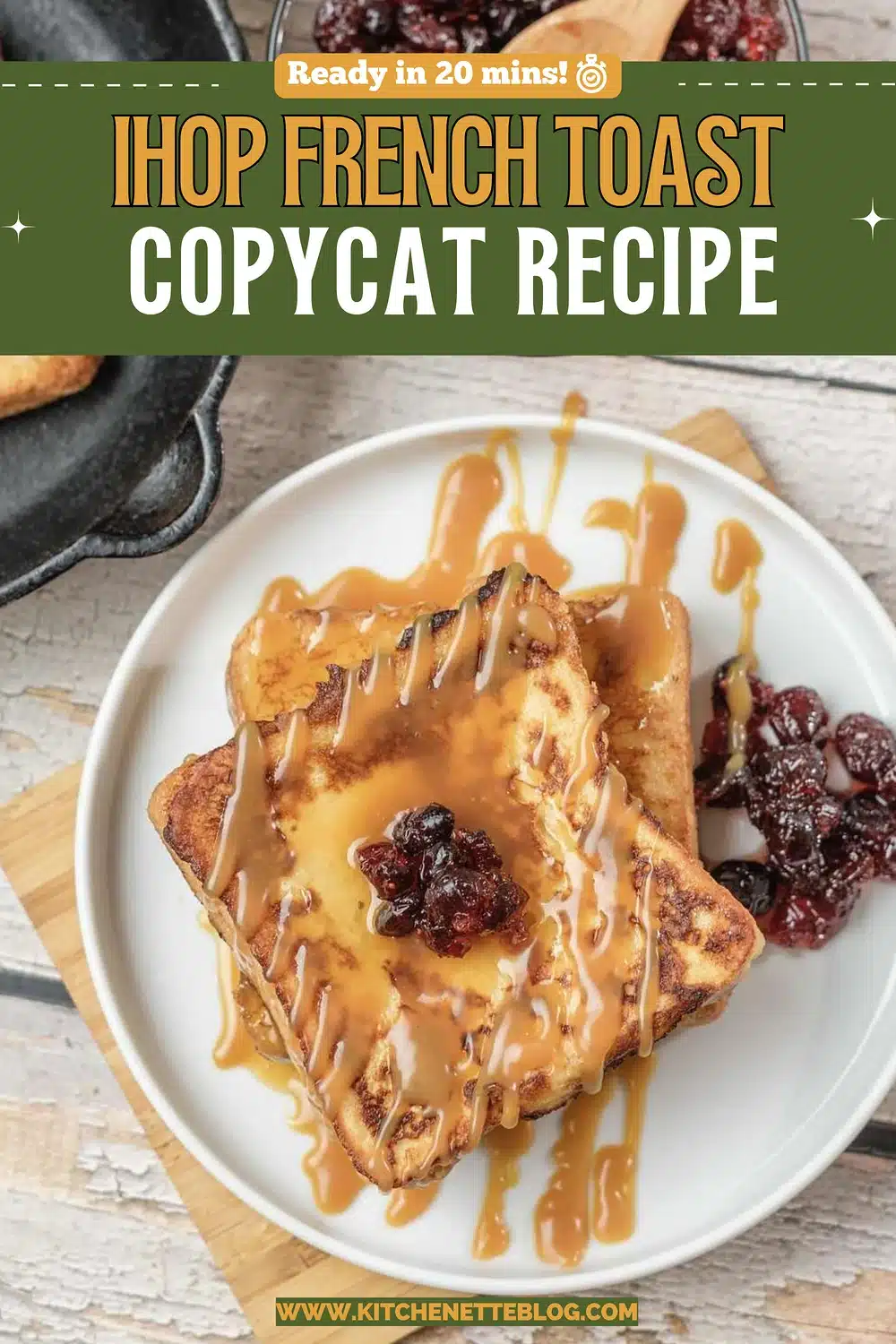 A stack of golden French toast slices with caramel drizzle and dried cranberries on a white plate