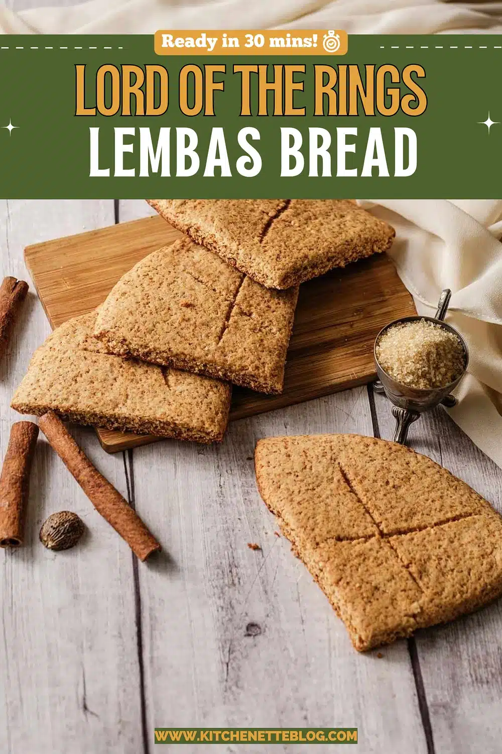 Golden scored squares on a wooden board with cinnamon sticks and nutmeg