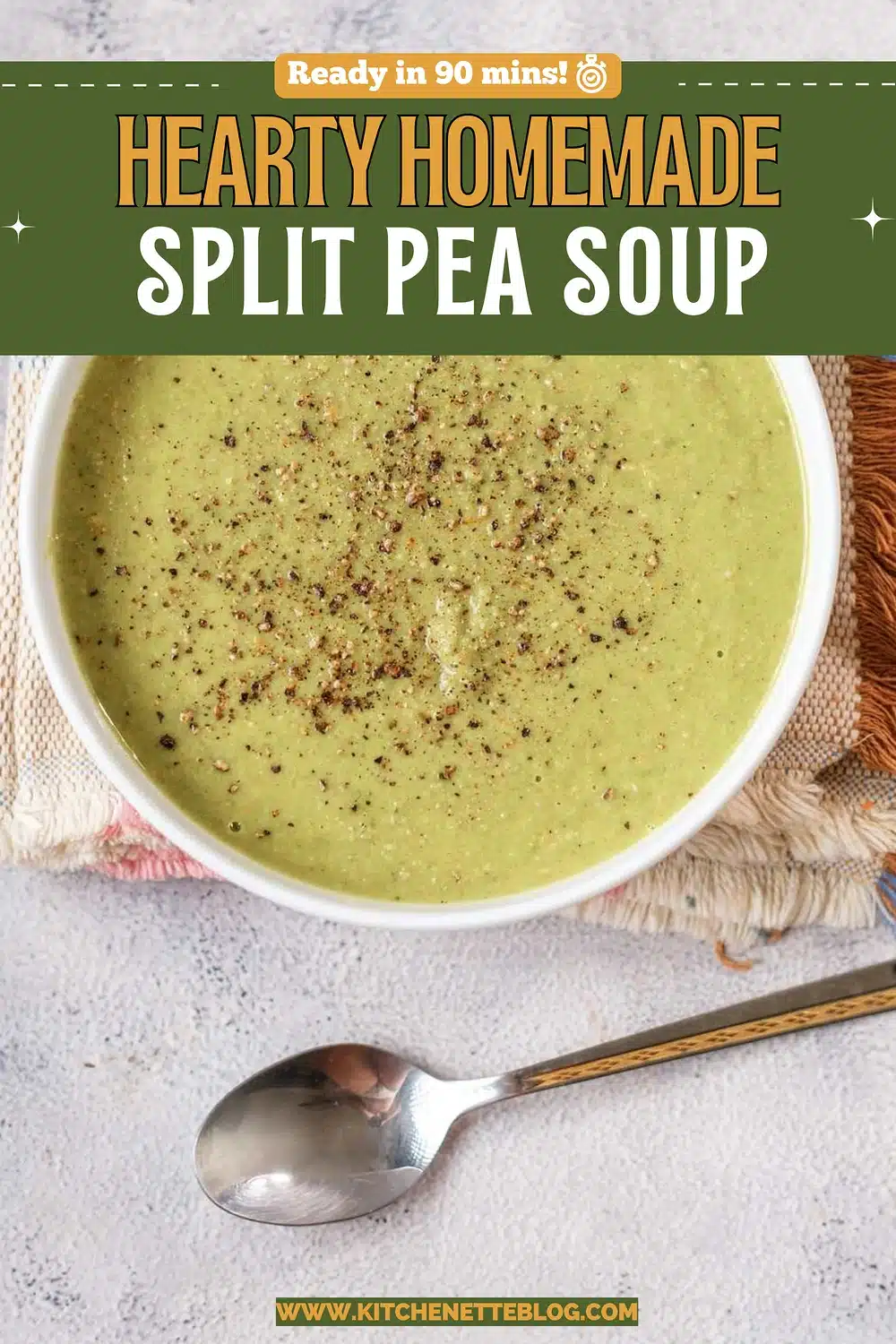 A bowl of bright green puree seen from above with a spoon beside it