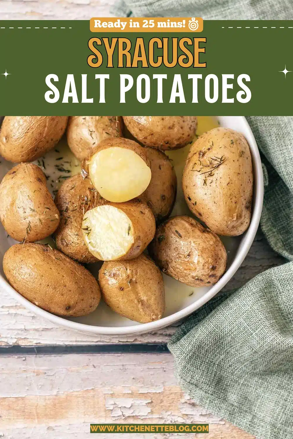 A bowl of buttered boiled spuds with thyme on a green napkin
