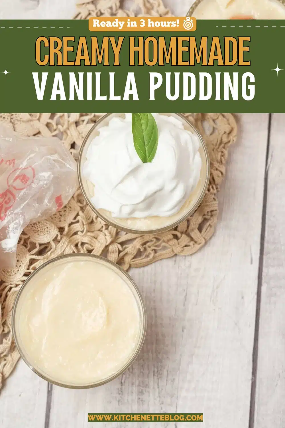 Glasses of pale creamy dessert on a lace doily, one topped with whipped cream and a leaf