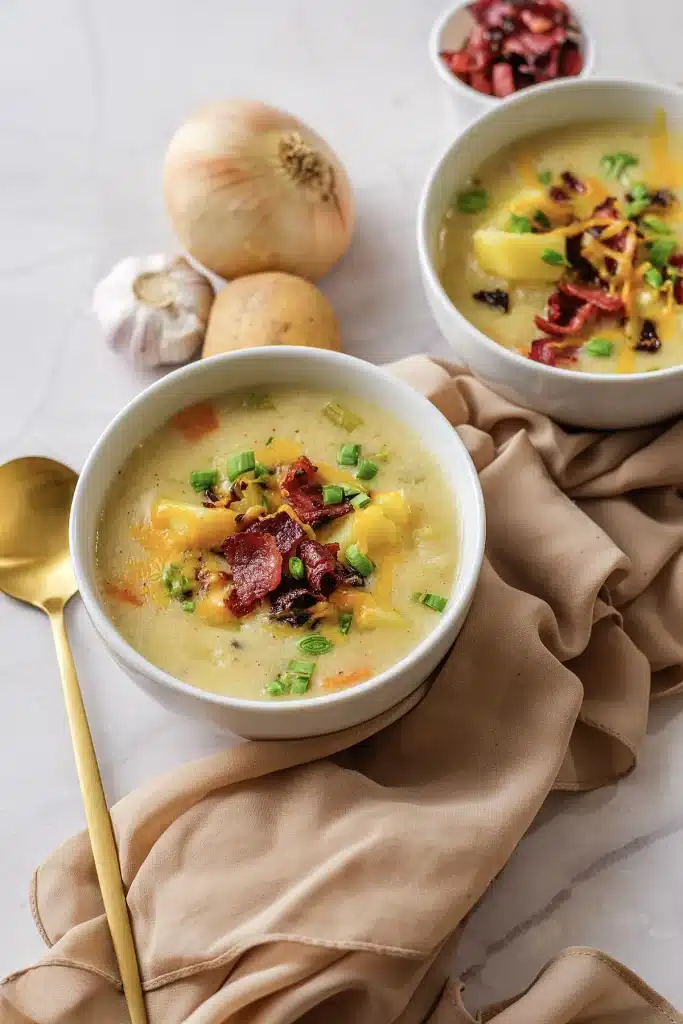 Potato soup served in two white bowls with bacon, cheddar and green onion